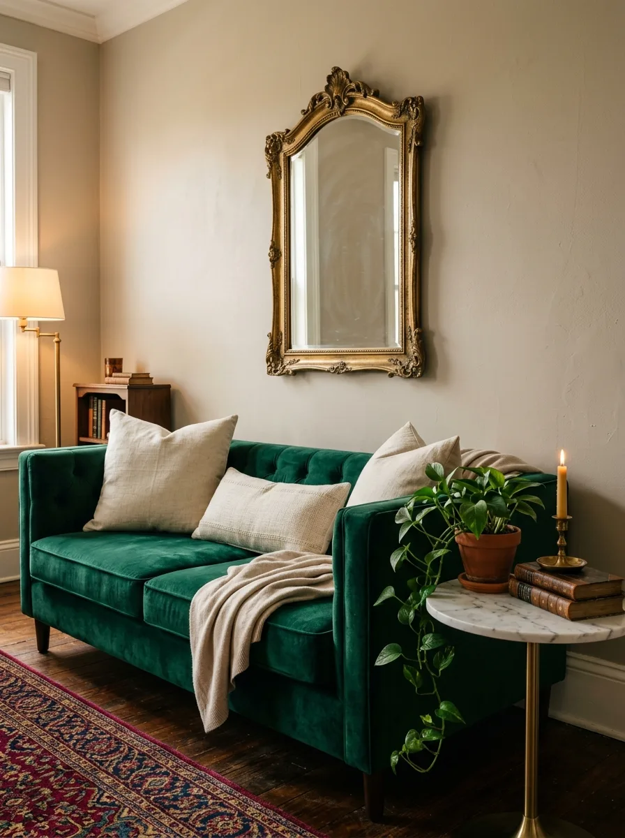 Emerald green velvet sofa with brass mirror illustrating color psychology for living rooms through jewel-toned luxury and warmth