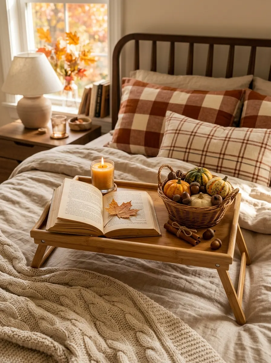 Why Fall Décor Hits Different: 17 Principles You Never Knew You Needed 11 Autumn bedroom tray styled with beeswax candle, gourds, and cinnamon sticks for experiential fall décor and cozy seasonal atmosphere