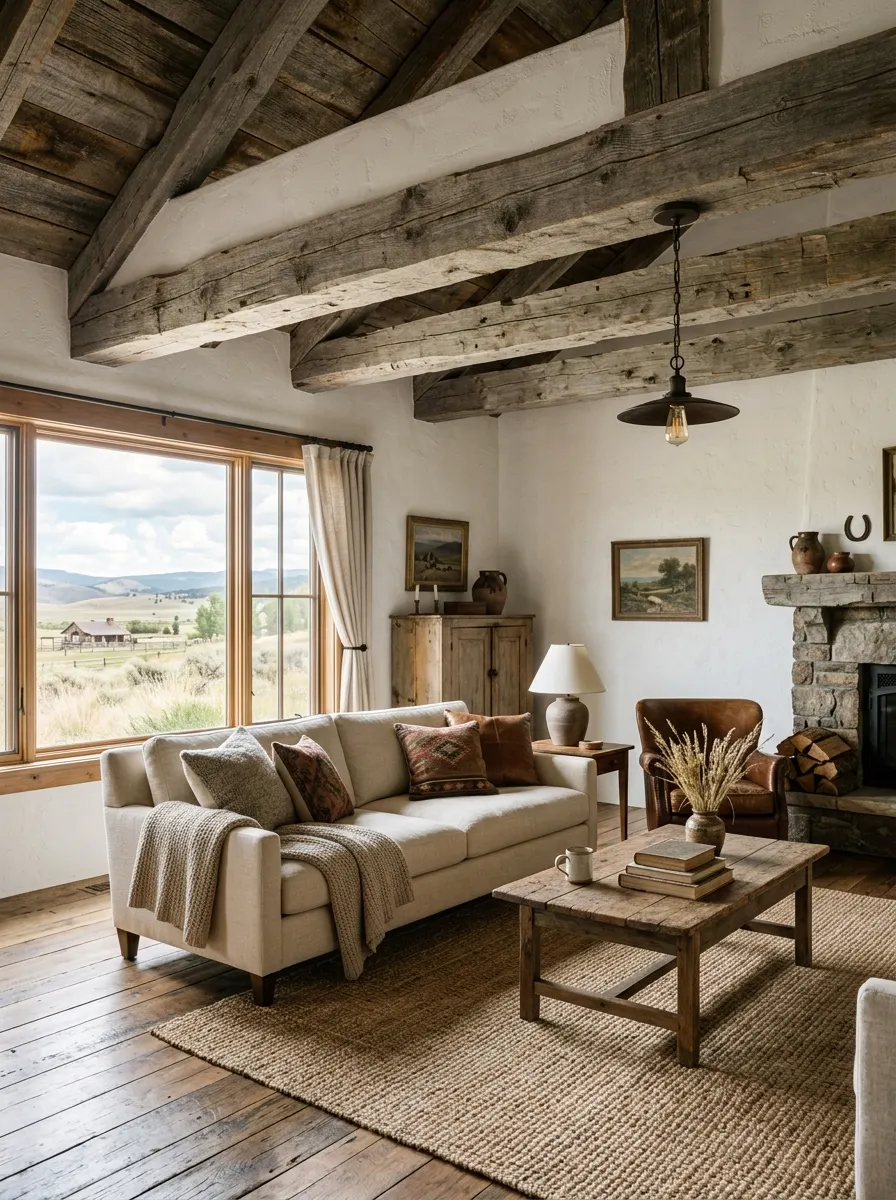 Western home decor living room with exposed rough hewn barn wood ceiling beams, white plaster ceiling, cream sofa, jute rug, and iron pendant light