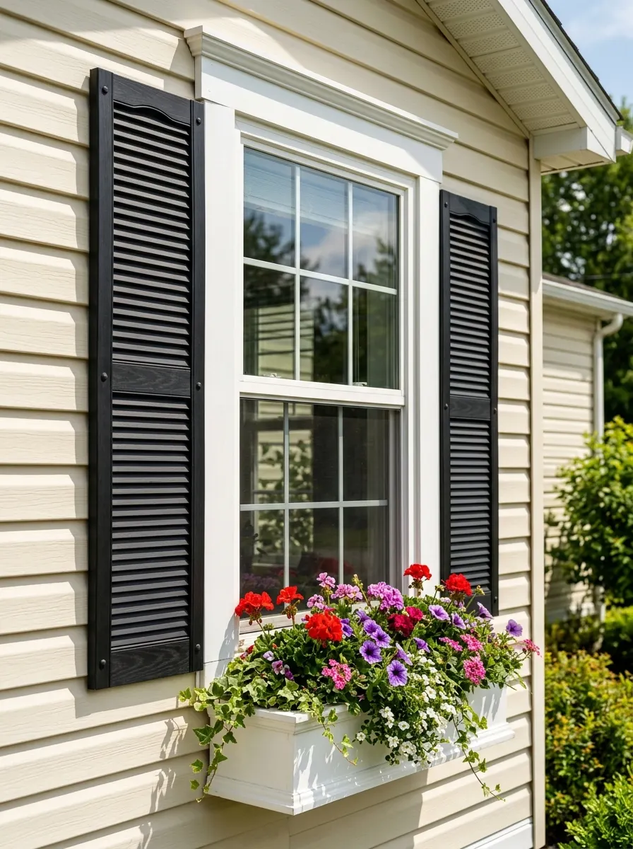 Mobile home exterior window with white casing trim, black louvered shutters, and flower box below for a residential architectural detail upgrade