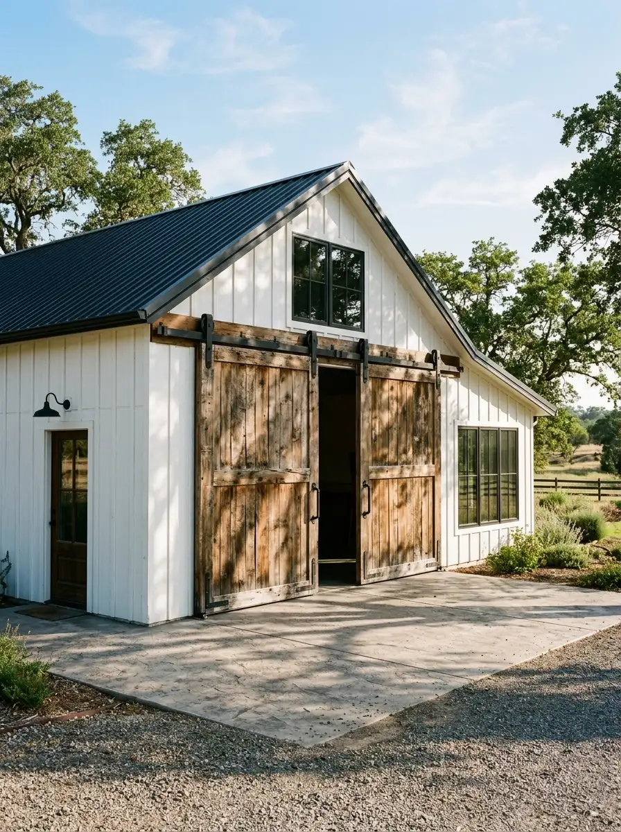19 Stunning Small Barndominium Exterior Ideas That Prove Simple Barn House Designs Can Make a Big Impact 11 Small barn style home exterior with oversized sliding weathered wood barn doors, black steel track hardware, and white board-and-batten siding in morning light