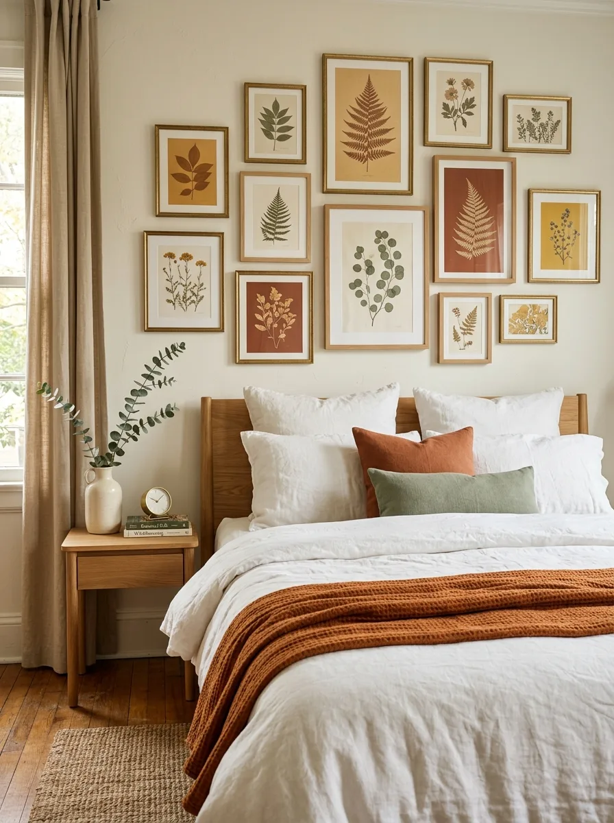 Bright fall bedroom look with ivory linen curtains, caramel cream bedding layers, rust throw, burgundy pillow, and dried wheat stems in amber vase