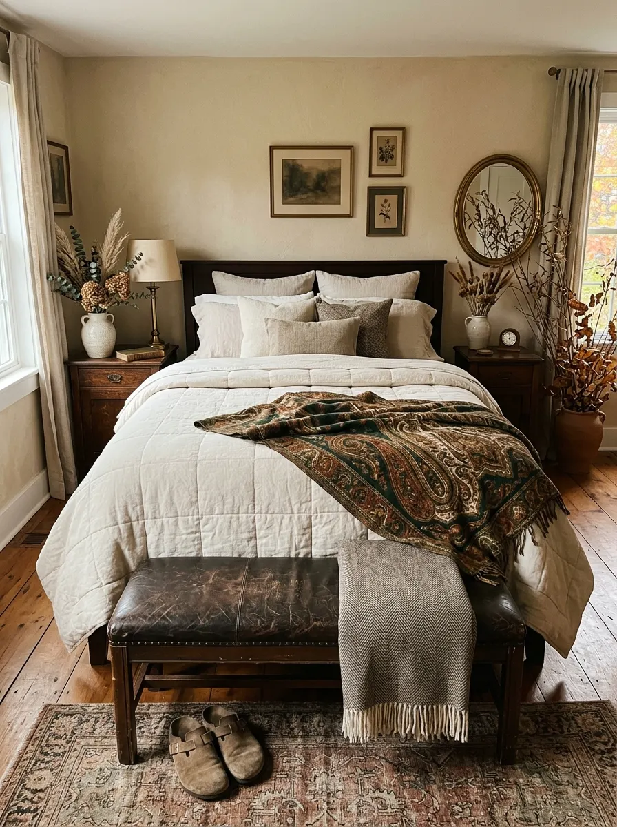 Fall bedroom decor with vintage paisley throw in rust and gold draped over quilted cream duvet with dried floral stems on nightstand