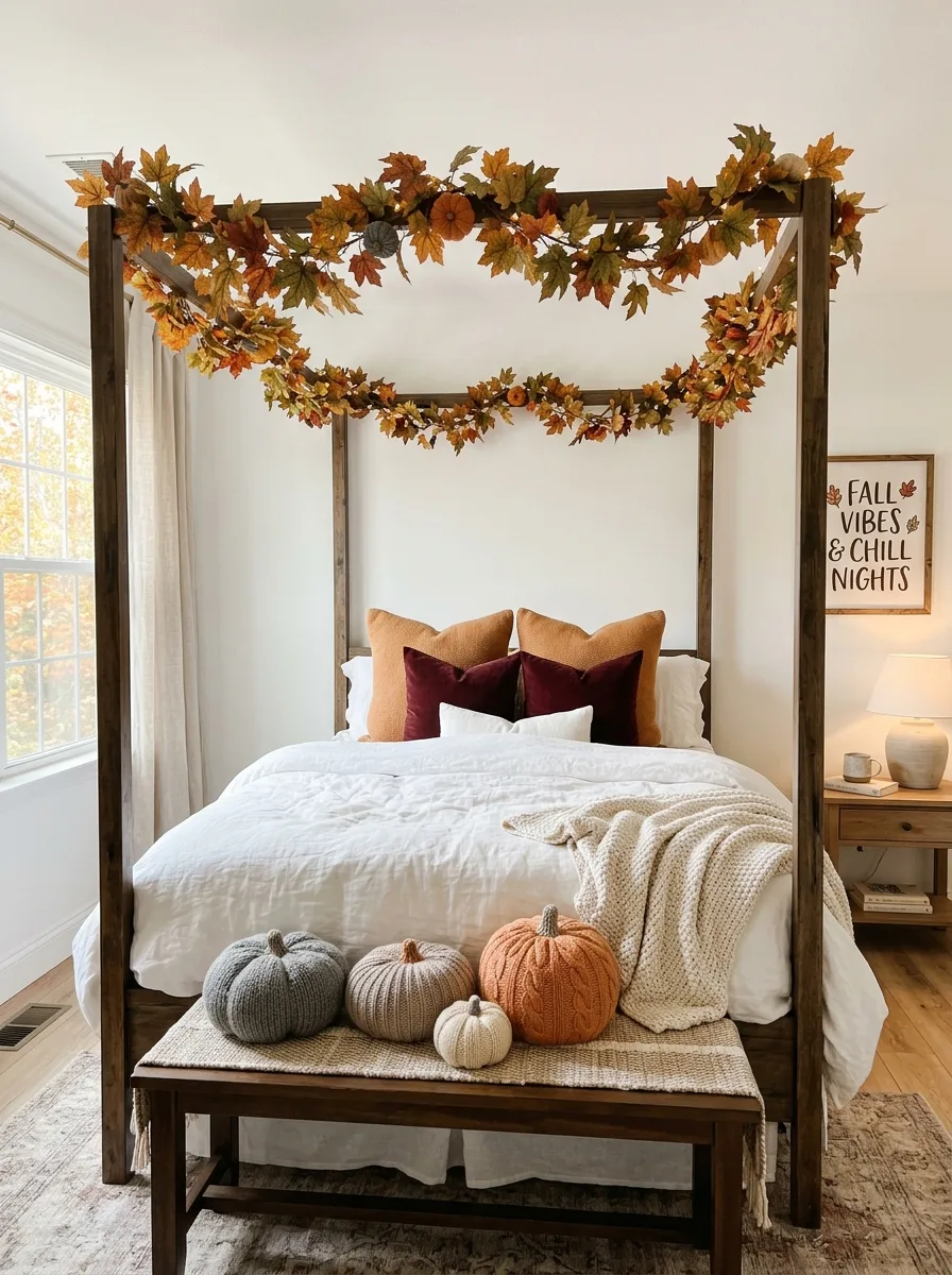 Fall bedroom look with faux leaf garland draped over canopy bed frame, white linen bedding, and knit pumpkins on foot bench
