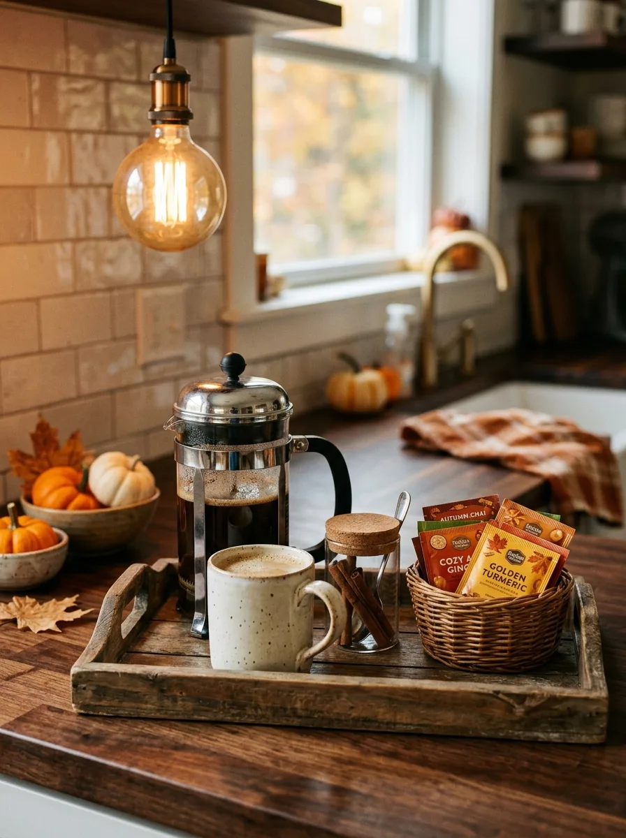 Wooden tray coffee station with French press, cream mug, cinnamon sticks, and autumn tea packets for cozy kitchen decor for fall