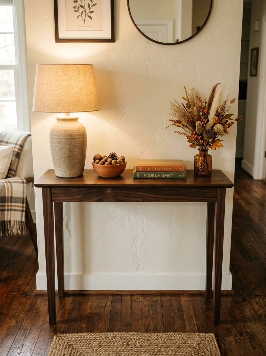 Dark walnut console table styled with ceramic lamp, terracotta bowl, and dried florals for a seasonal fall living room vignette