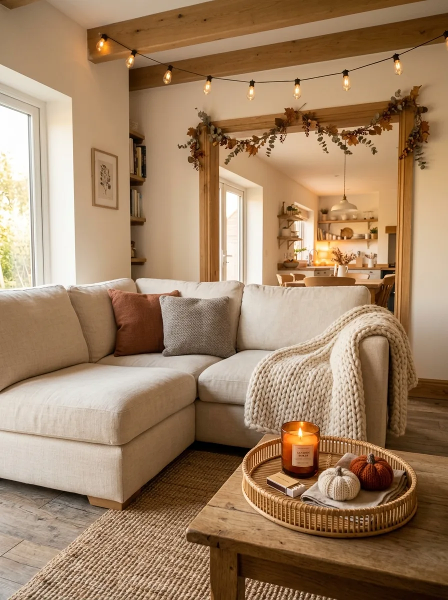 Why Fall Décor Hits Different: 17 Principles You Never Knew You Needed 17 Warmly lit autumn living room with rattan tray, knit pumpkins, dried leaf garland, and Edison lights showing fall décor as feeling over visual formula