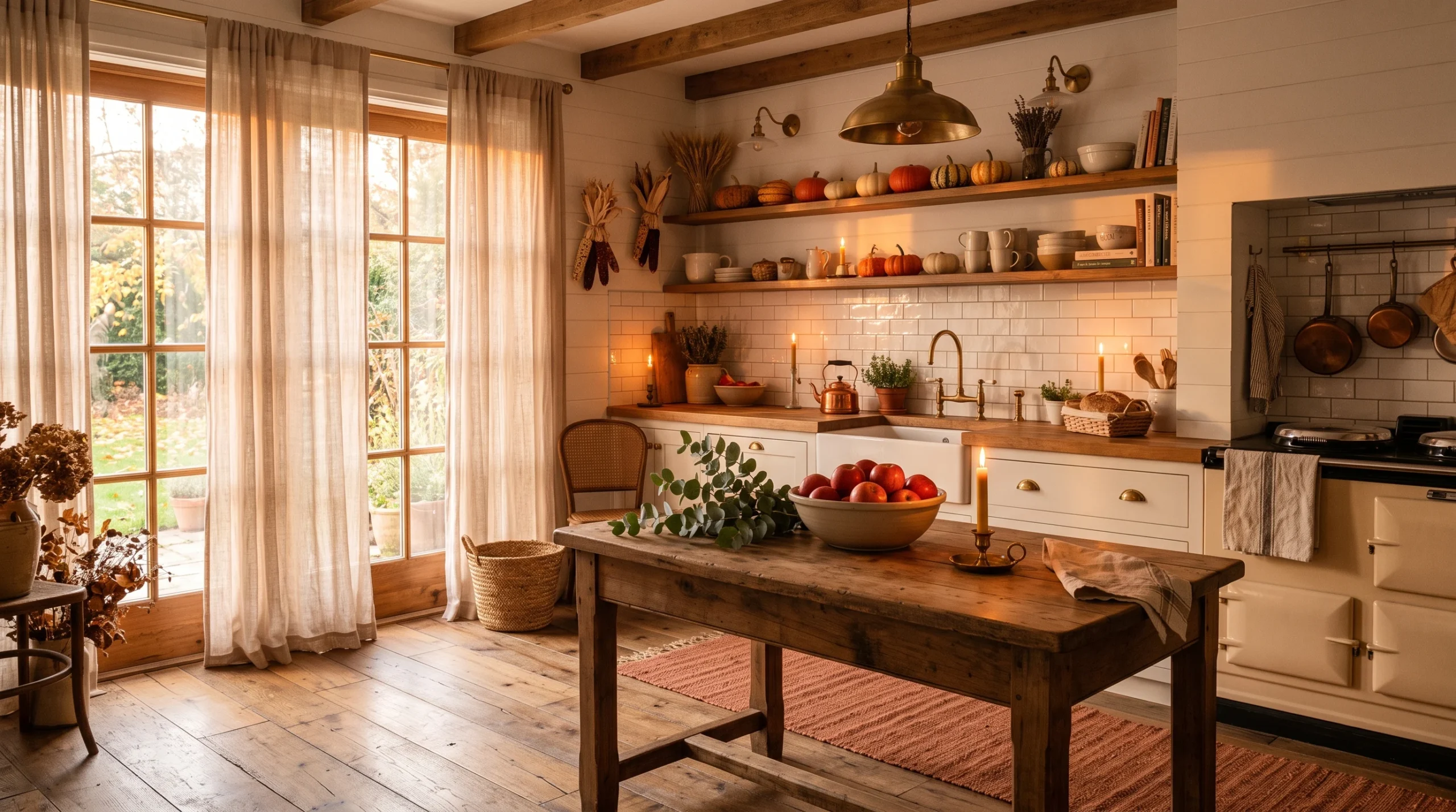 Bright farmhouse kitchen decorated with pumpkins, dried botanicals, and warm amber tones for fall kitchen décor ideas