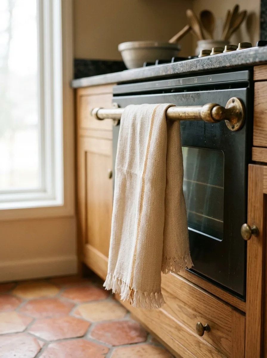 Cream linen kitchen towel with amber stripe draped over brass oven handle as simple seasonal kitchen decorating idea