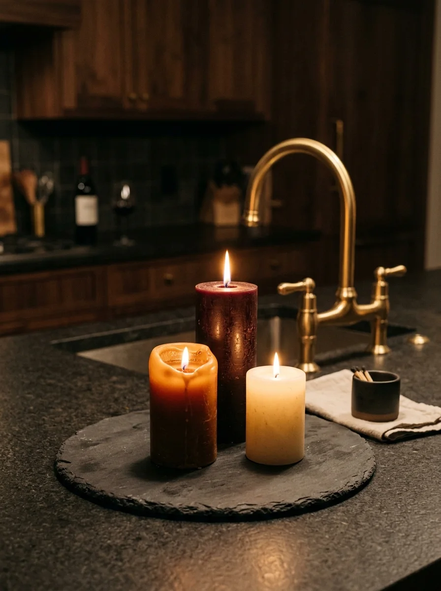 Ivory, amber, and burgundy pillar candles on a slate tray on a kitchen island — one of the warmest fall kitchen décor ideas