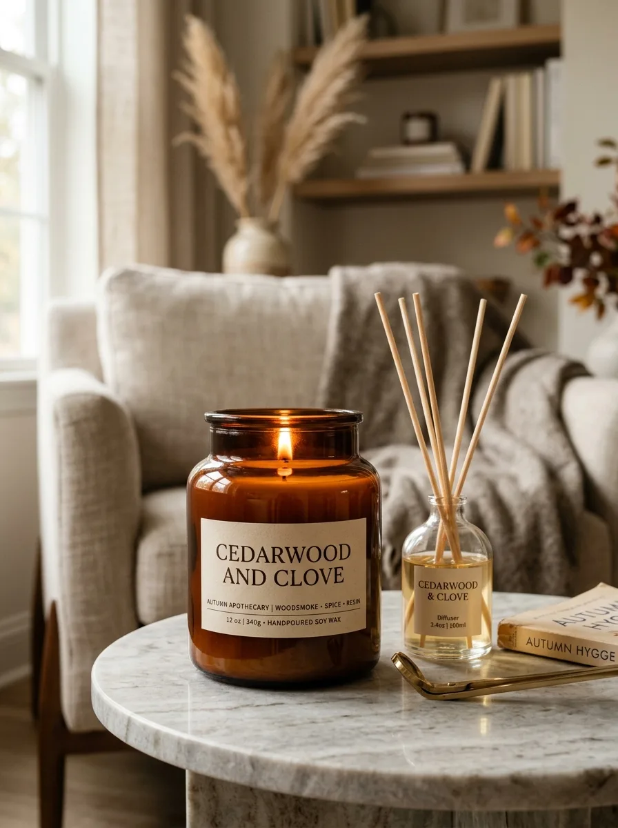 Large amber jar candle and reed diffuser styled on a marble side table for sensory fall living room decor experience