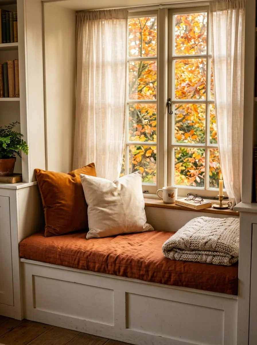 Rust linen window seat cushion with velvet pillows and chunky throw styled as a cozy fall living room nook by the window