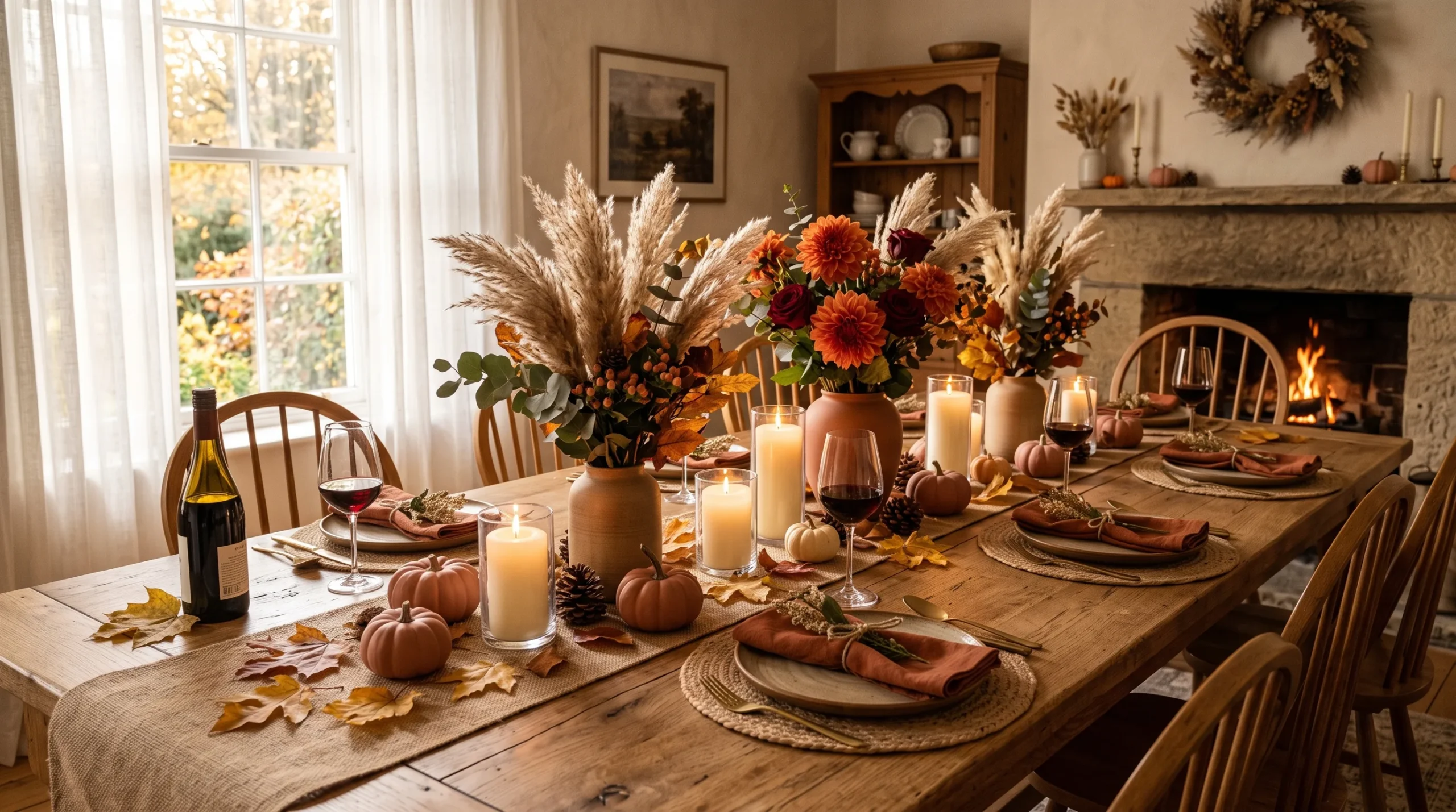 Elegantly styled fall table décor with dahlias, pampas grass, ivory candles, and terracotta pumpkins on a farmhouse table
