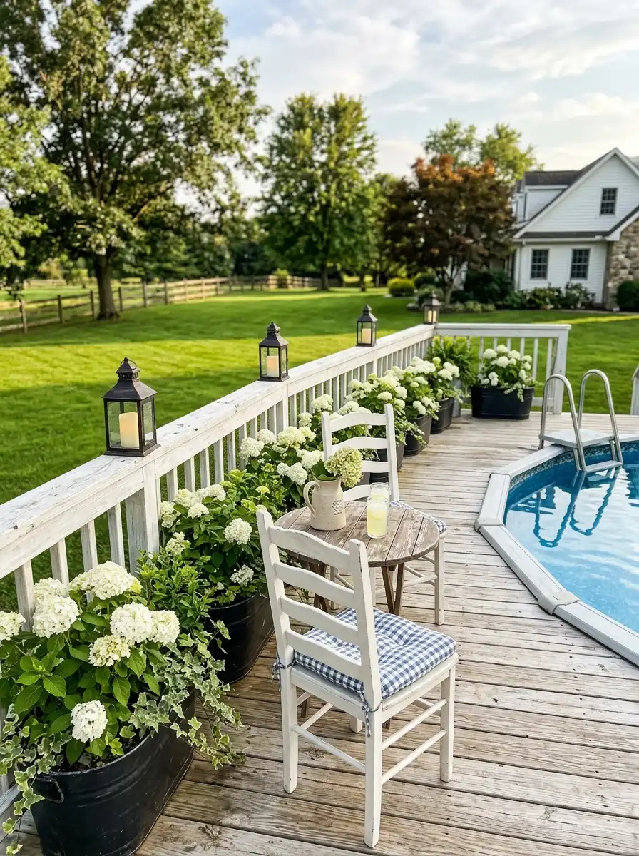 21 Amazing Above Ground Pool Deck Ideas That Go Beyond the Basic Deck With Style, Comfort, and Function 15 Farmhouse above ground pool deck with white-washed wood, black hydrangea planters, gingham chair cushions, and rustic lanterns in afternoon light