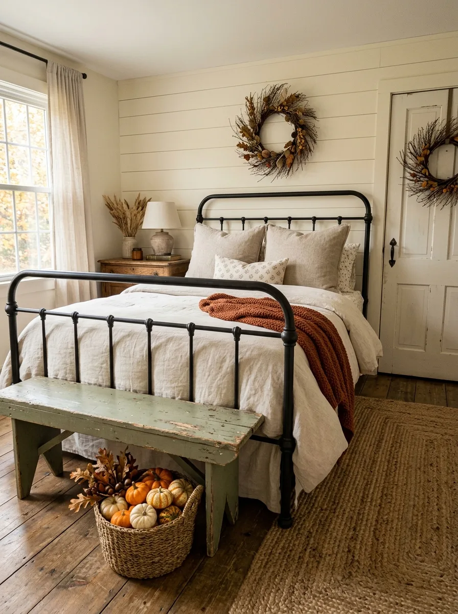 Farmhouse fall bedroom look featuring black metal bed frame, sage green bench, cream bedding, rust throw, and twig wreaths on closet door