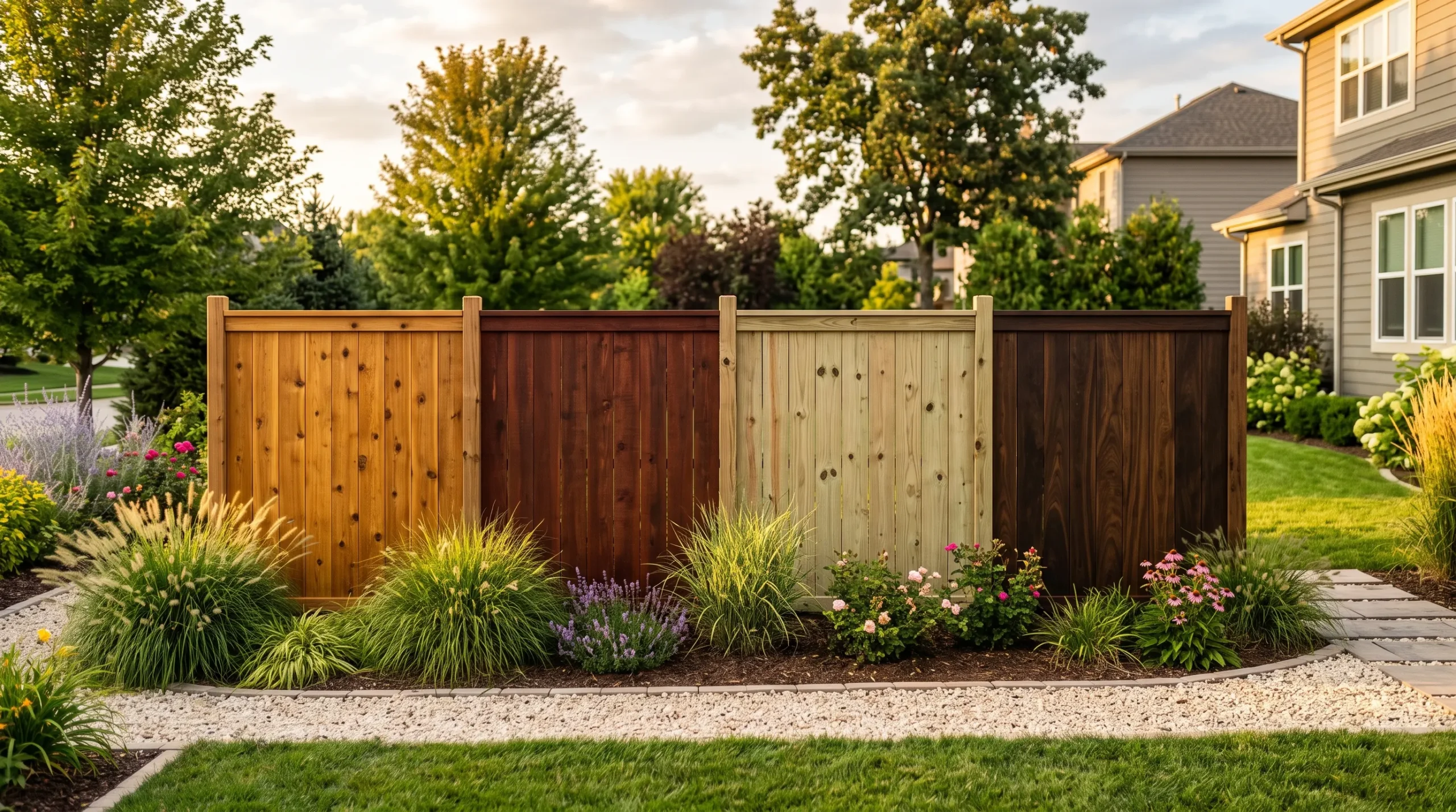 Side-by-side fence wood choice comparison showing cedar, redwood, pine, and ipe panels in a sunny backyard garden