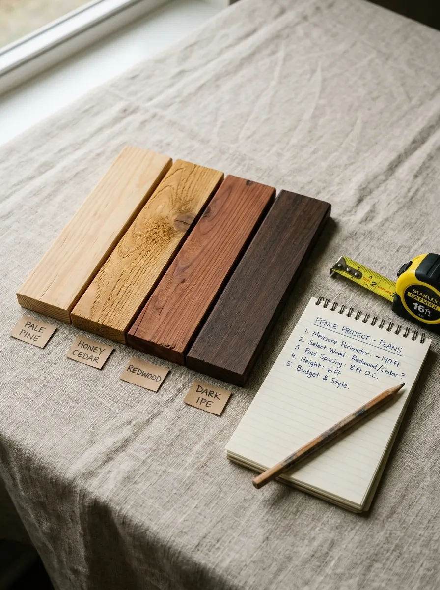 19 Smart Fence Wood Choice Ideas Comparing Cedar, Redwood, Pine, and Ipe for Beauty, Durability, and Long-Term Value 16 Four fence wood board samples in pine, cedar, redwood, and ipe colors laid out on linen beside notepad and measuring tape for budget planning