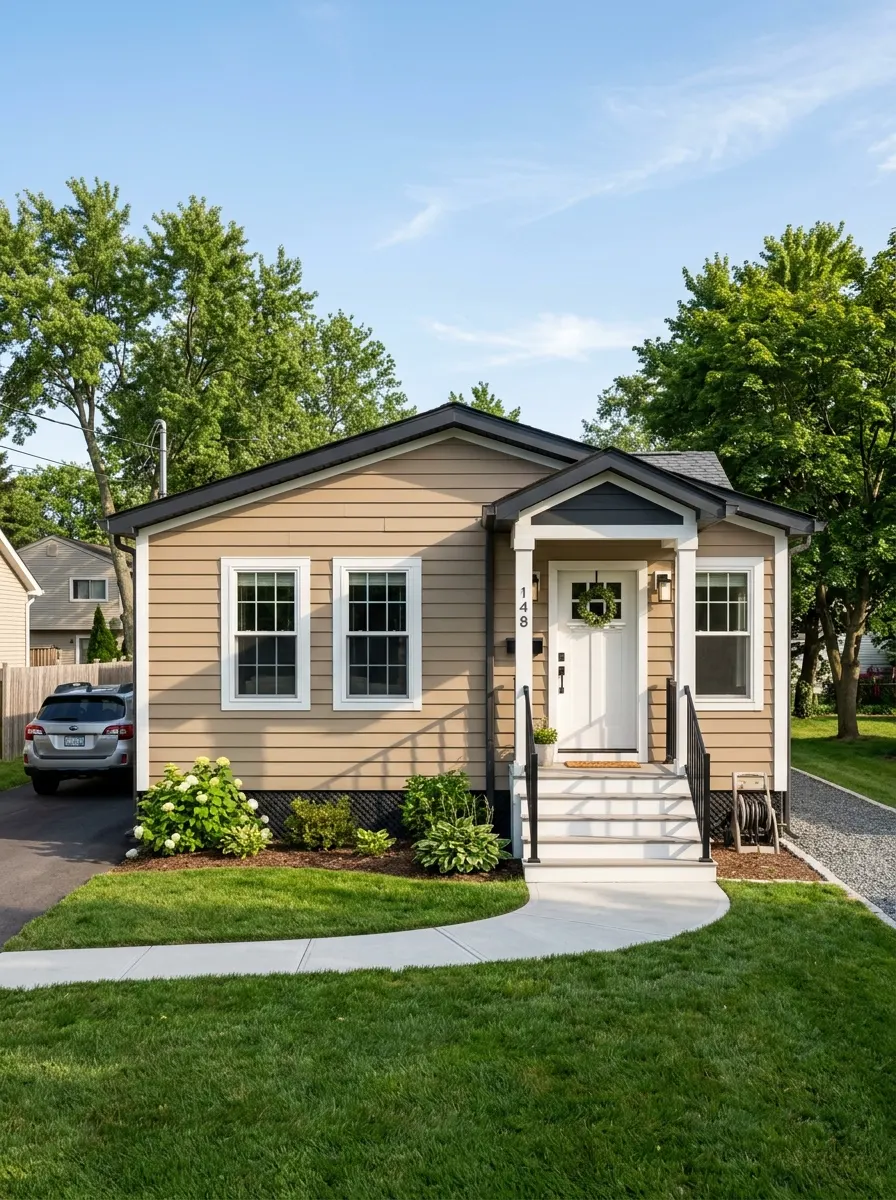 Mobile home exterior with warm beige fiber cement lap siding, white corner boards, window trim, and dark fascia for a polished residential upgrade