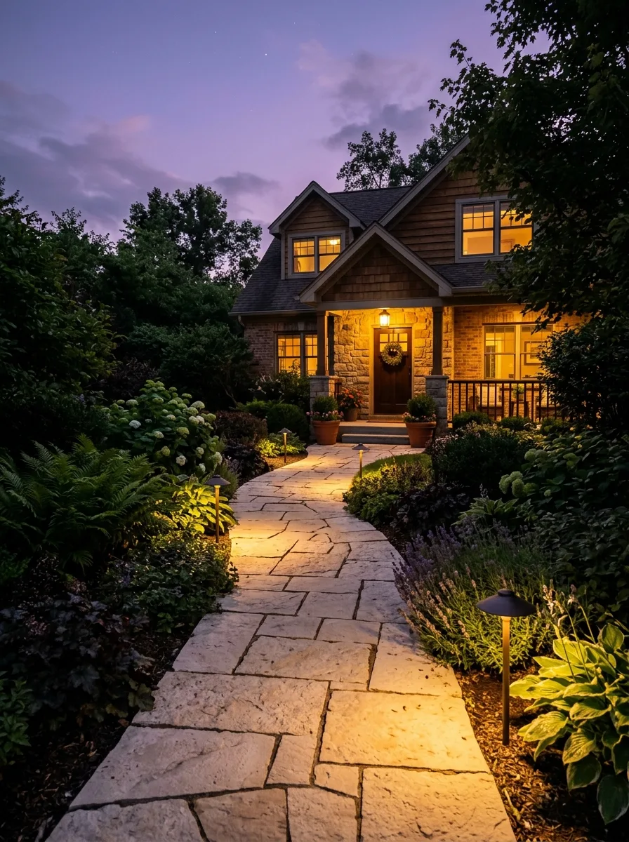 Front yard walkway with outdoor path lights spaced in Fibonacci sequence intervals creating warm golden lighting rhythm