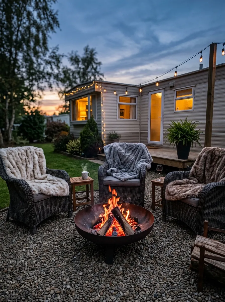 Small steel fire pit surrounded by wicker chairs and faux fur blankets on a gravel circle in a mobile home backyard at twilight