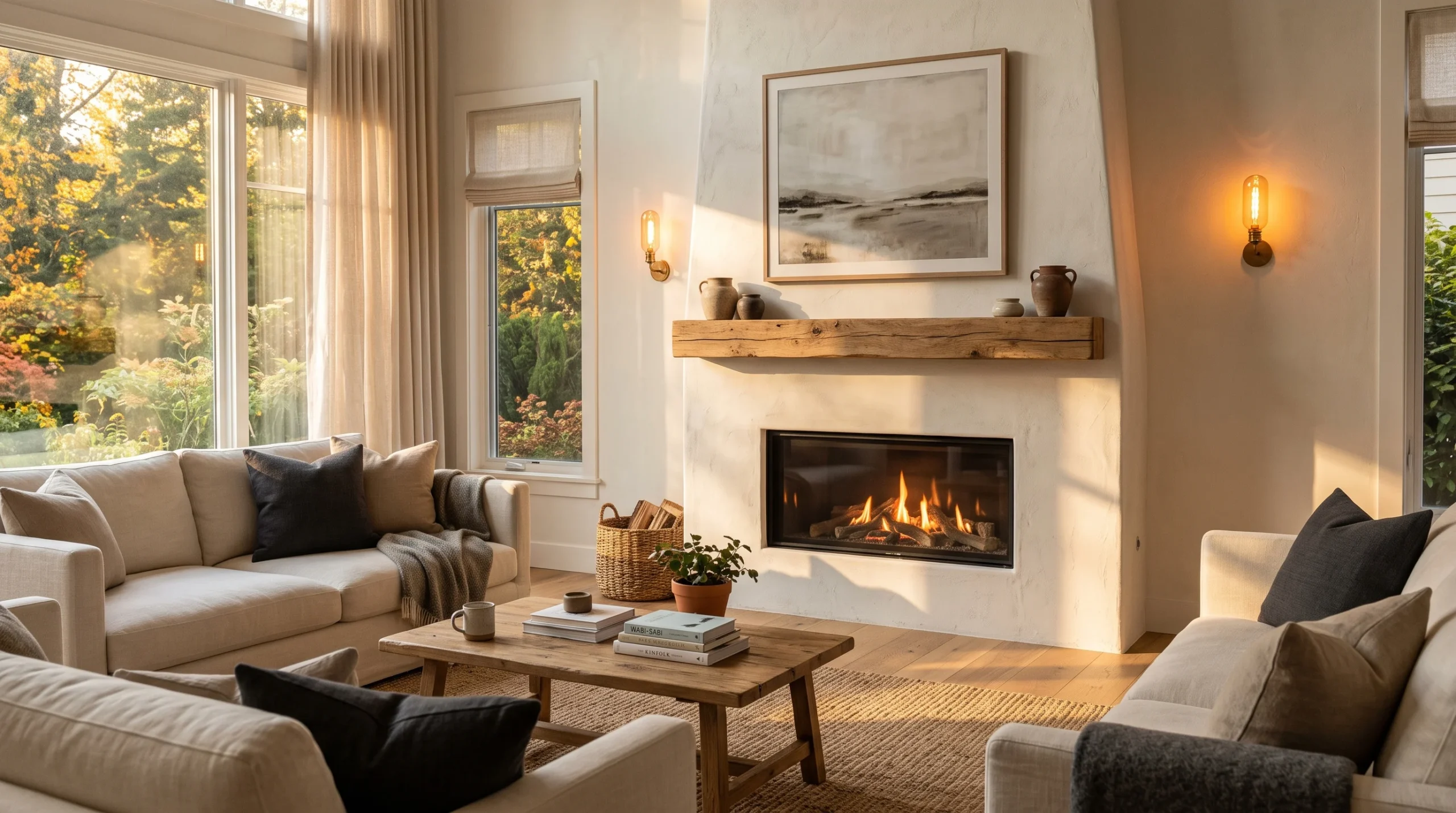 Cozy living room showcasing fireplace design ideas with white plaster surround, oak mantel, and glowing amber flames