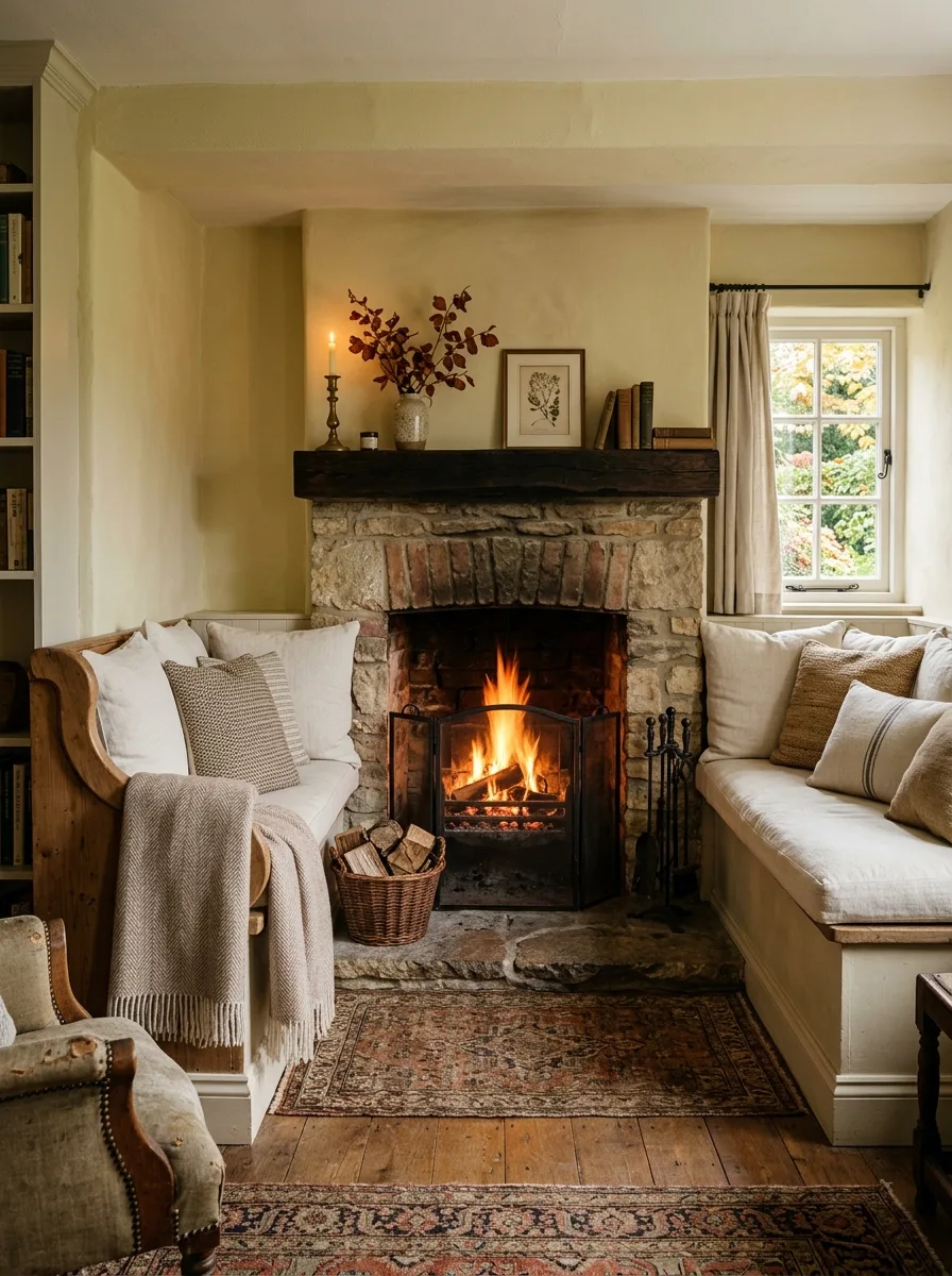 20 Fireplace Design Ideas Built Around the Three Pillars of Color, Space, and Flame 14 Cozy fireplace design ideas with recessed nook, built-in bench seating, cream linen cushions, and warm flame creating an intimate living room vignette