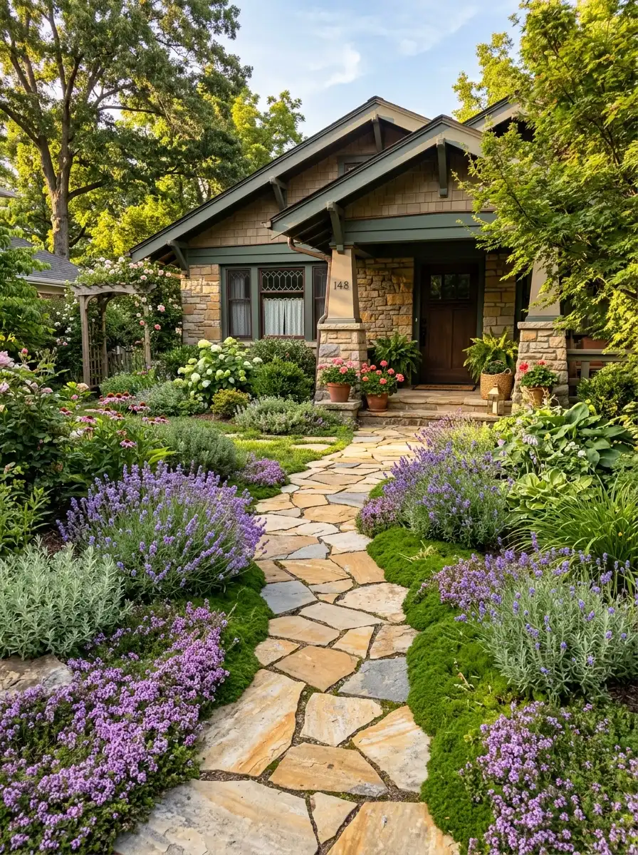 Irregular flagstone mosaic path with creeping thyme and Irish moss in a charming no grass front yard design