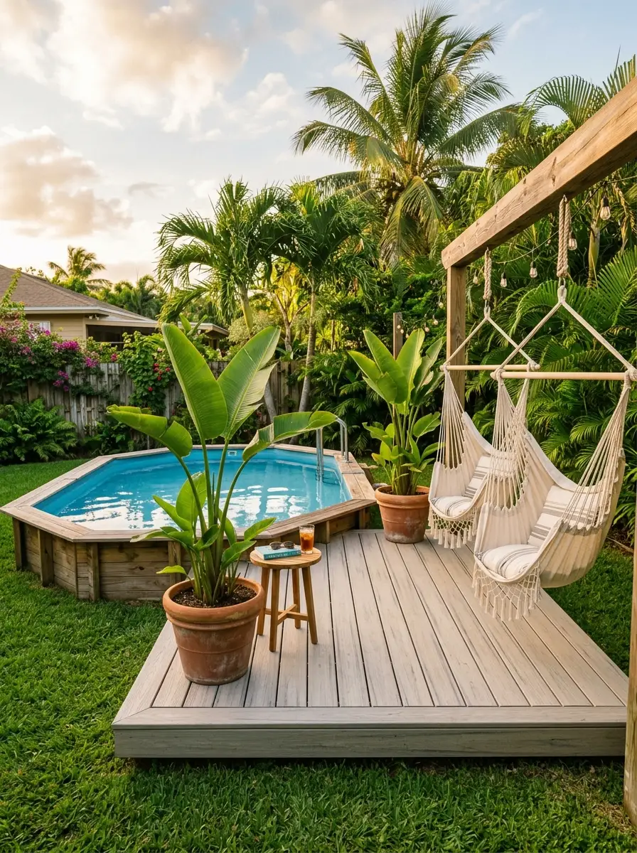21 Amazing Above Ground Pool Deck Ideas That Go Beyond the Basic Deck With Style, Comfort, and Function 7 Pale ash floating deck beside an oval above ground pool with hammock chairs, banana plants, and golden afternoon backyard light
