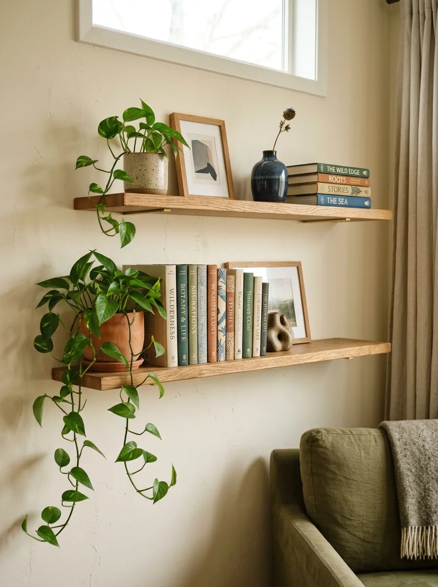 Staggered floating oak shelves with framed prints, ceramic vase, and trailing plant as layered living room wall art ideas