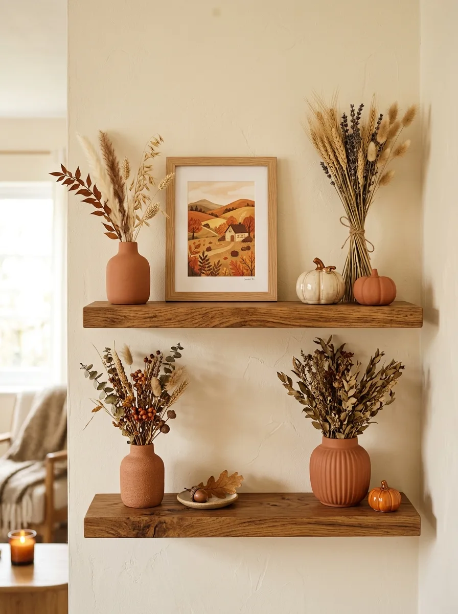 Oak floating shelves styled with terracotta vases, dried stems, and tiny pumpkins for fall living room decor vignettes