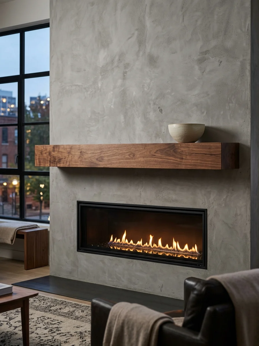 20 Fireplace Design Ideas Built Around the Three Pillars of Color, Space, and Flame 11 Modern fireplace design ideas with floating solid walnut mantel, recessed linear firebox, and warm flame in an industrial-style living room