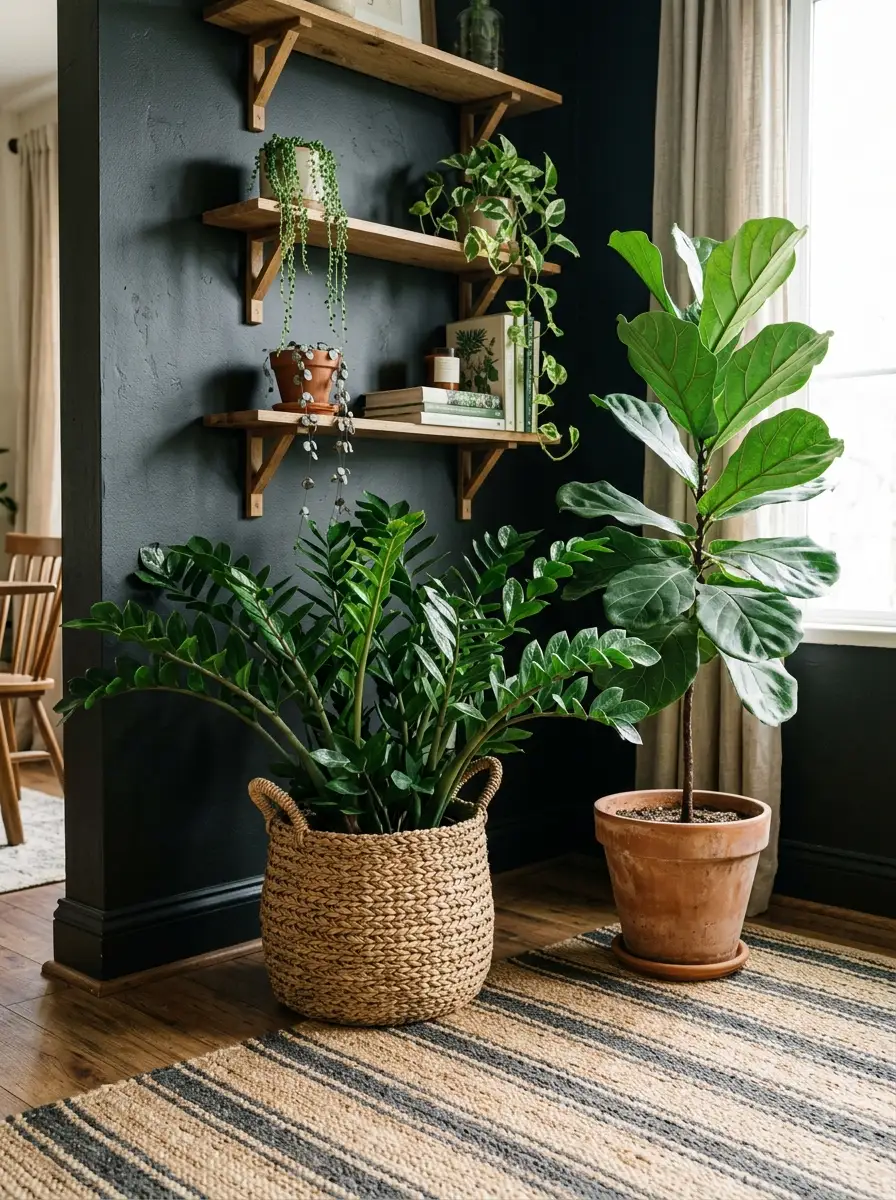 The 20 Houseplant Corners We Keep Coming Back to for Real Inspiration 7 Earthy floor level houseplant corner with ZZ plant in woven basket, fiddle leaf fig in terracotta pot, jute rug, and bracket shelves above