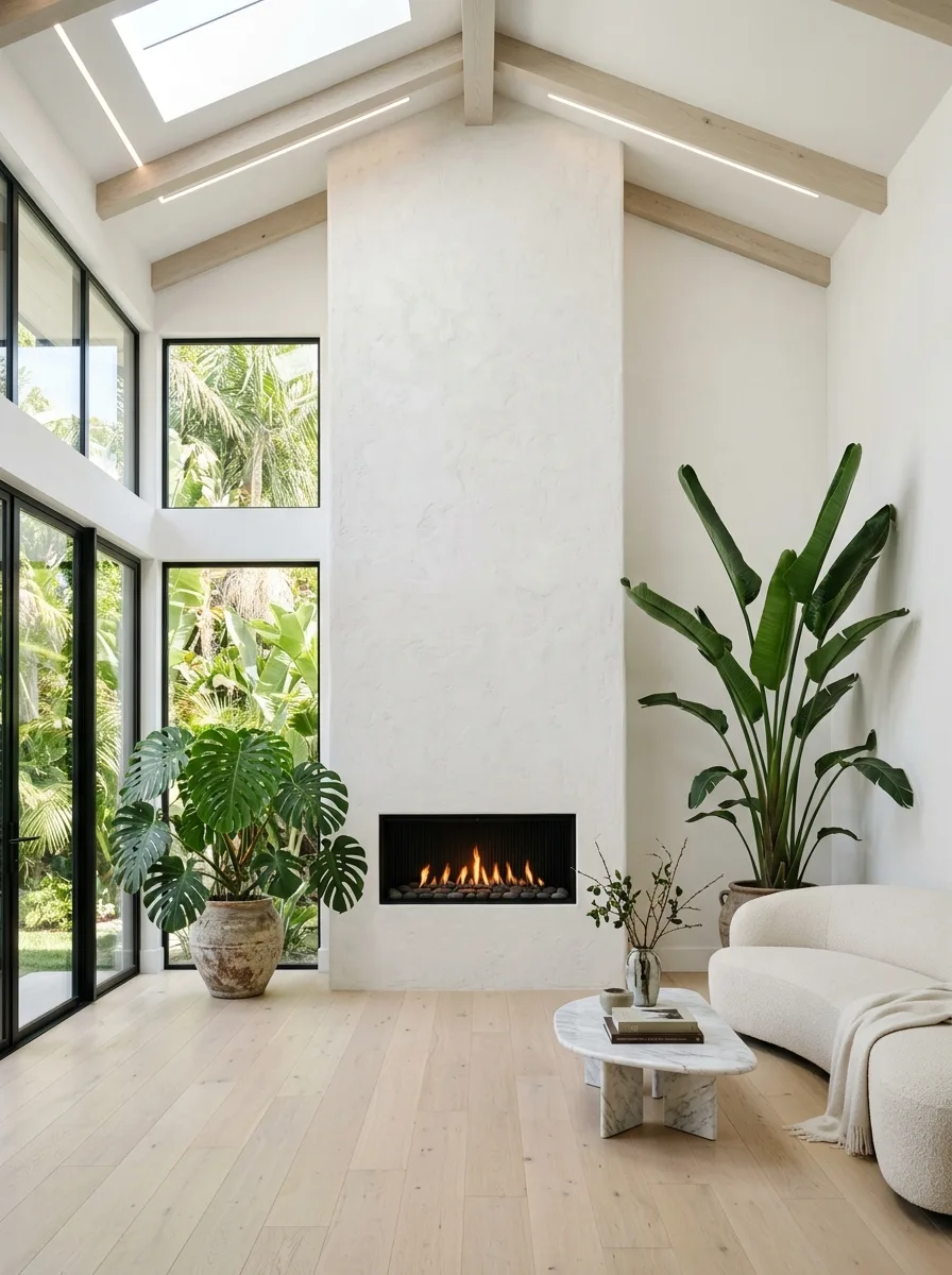 20 Fireplace Design Ideas Built Around the Three Pillars of Color, Space, and Flame 16 Living room fireplace design with floor-to-ceiling white plaster tower surround, recessed linear firebox, and tall tropical plants in a contemporary space