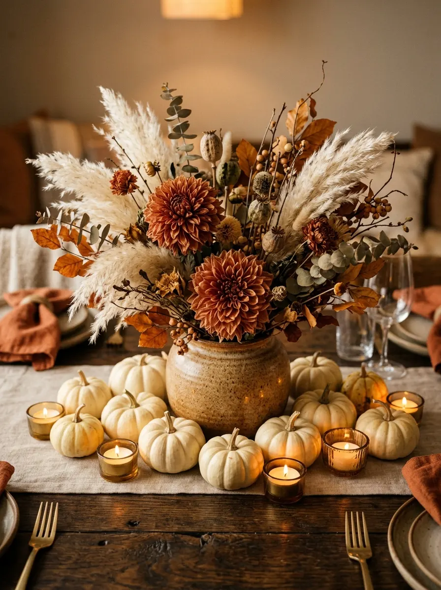 The 16 Small Decisions That Make Fall Table Décor Actually Worth Noticing 6 Rust dahlia and pampas grass centerpiece styled as a focal point in autumn table decorations with cream pumpkins and tea lights