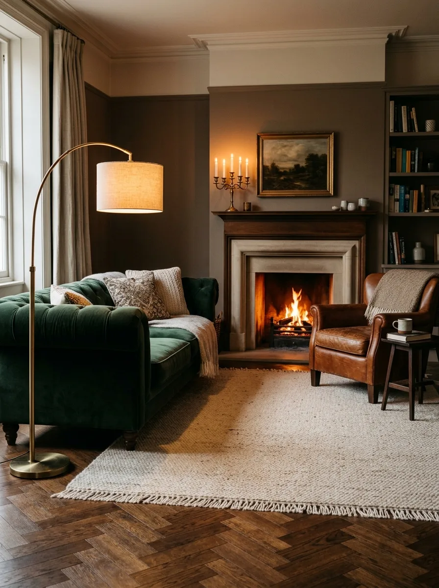 Forest green velvet sofa with cognac leather chair and brass floor lamp creating a rich luxury living room color palette