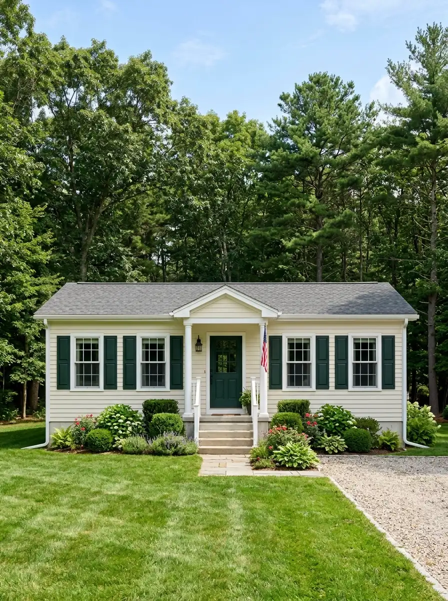 Mobile home exterior with dark forest green board and batten shutters, cream siding, white window trim, and manicured foundation shrubs for a colonial curb appeal upgrade