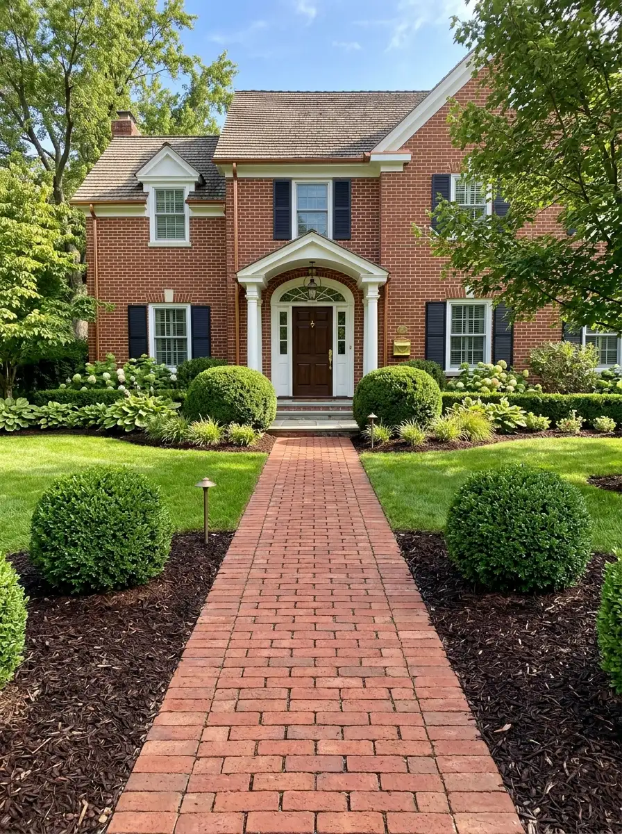 Clipped boxwood spheres flanking a brick path in a polished formal lawn-free front yard design