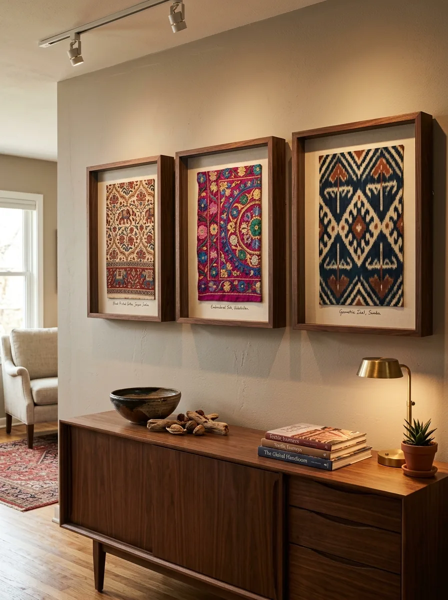 Deep framed shadow boxes with block printed and embroidered fabric swatches as refined living room wall decor above a walnut sideboard