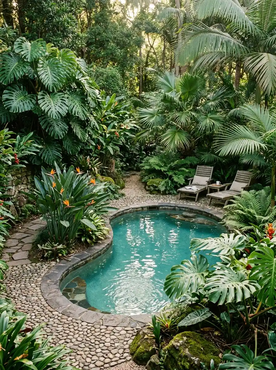 19 Brilliant Small Pool Design Ideas That Make Compact Backyards Feel Like a Private Luxury Resort 2 Organic freeform small pool surrounded by tropical palms, giant philodendrons, and natural pebble edging in a lush compact backyard