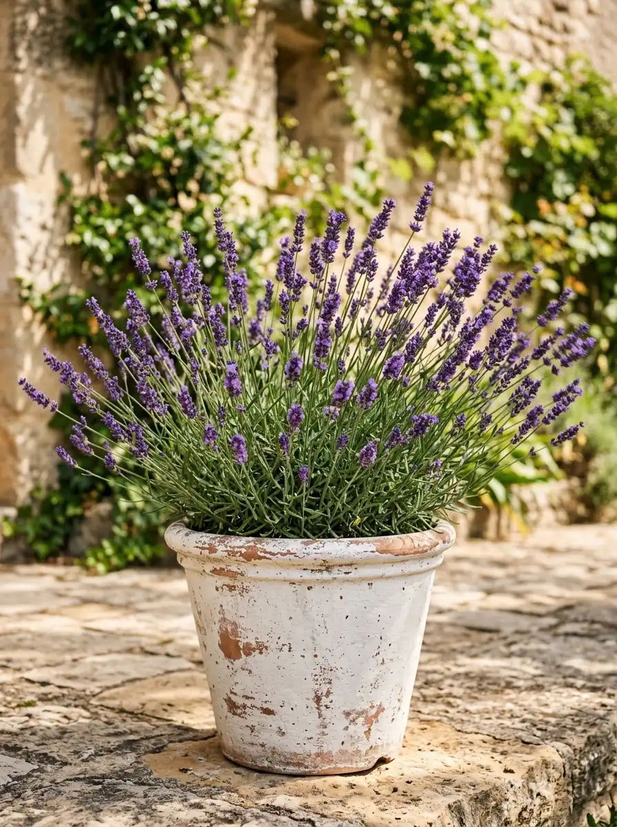 17 Full Sun Perennials for Low-Maintenance Container Gardens That Thrive With Minimal Care 5 French lavender with tall purple flower spikes blooming in a whitewashed terracotta pot on a warm limestone patio in full sun