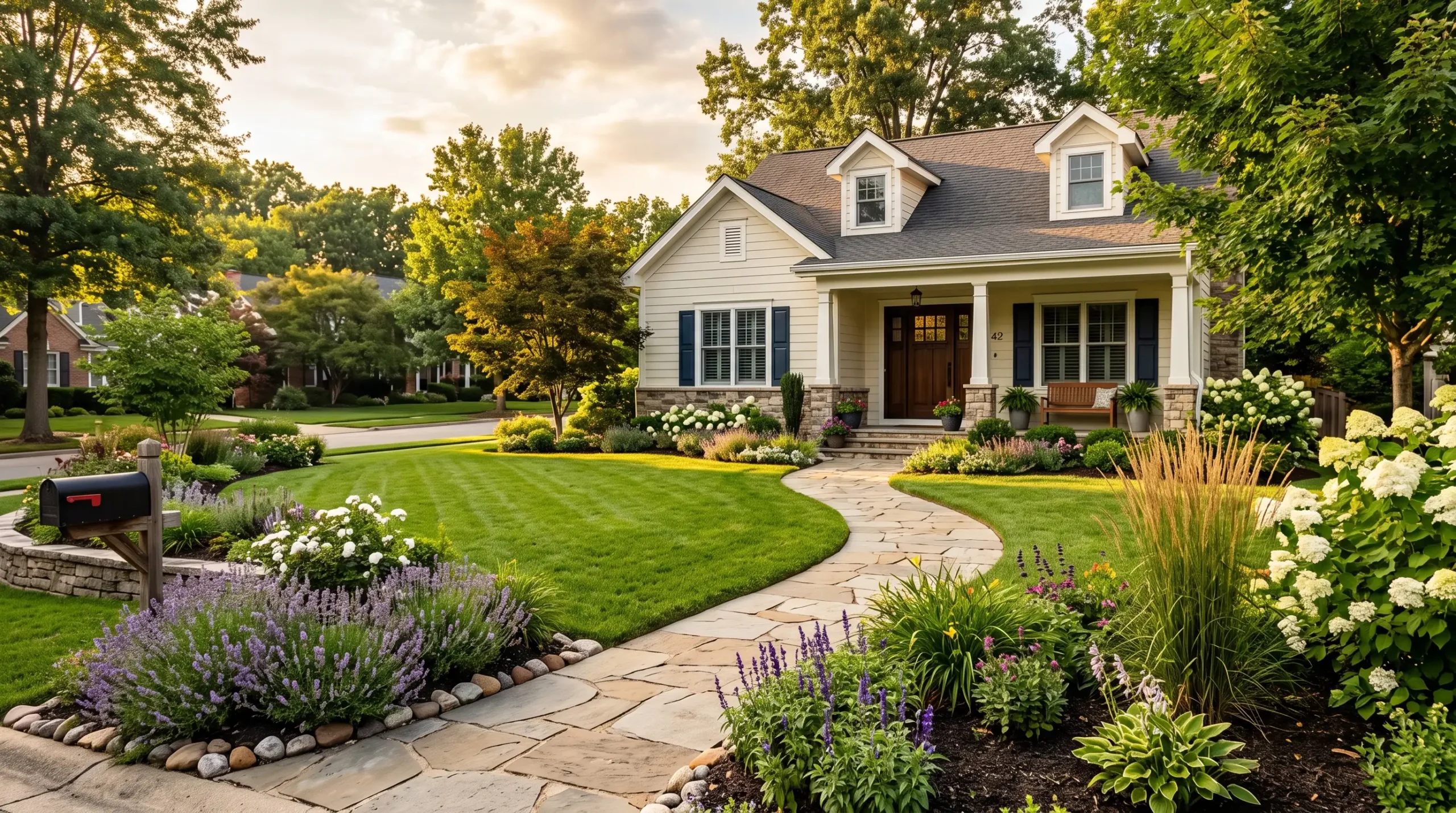 Ultrarealistic front yard design with tiered garden beds, stone walkway, and golden-hour lighting on a craftsman home
