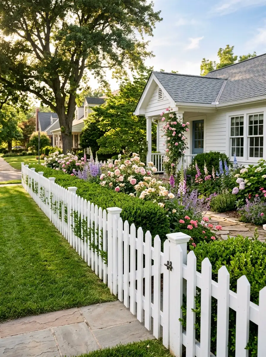 White picket fence in front yard with height proportional to hedge behind it in a golden ratio landscape layout