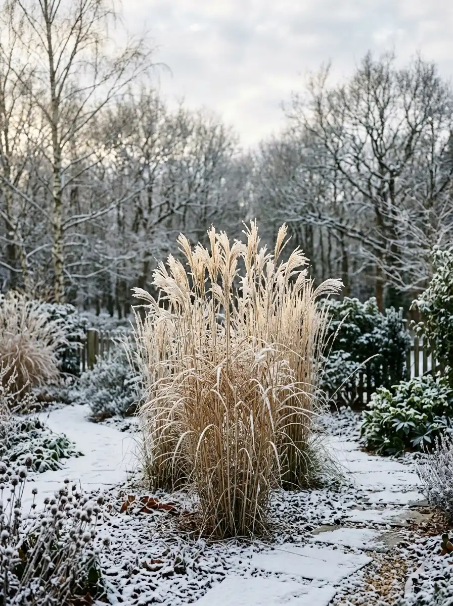 23 Stunning Ways Ornamental Grasses Can Transform Your Landscape With Texture, Movement, Privacy, and Year-Round Style 10 Tall ornamental grasses with frost-tipped plumes and golden seed heads standing in a quiet winter garden with light snow