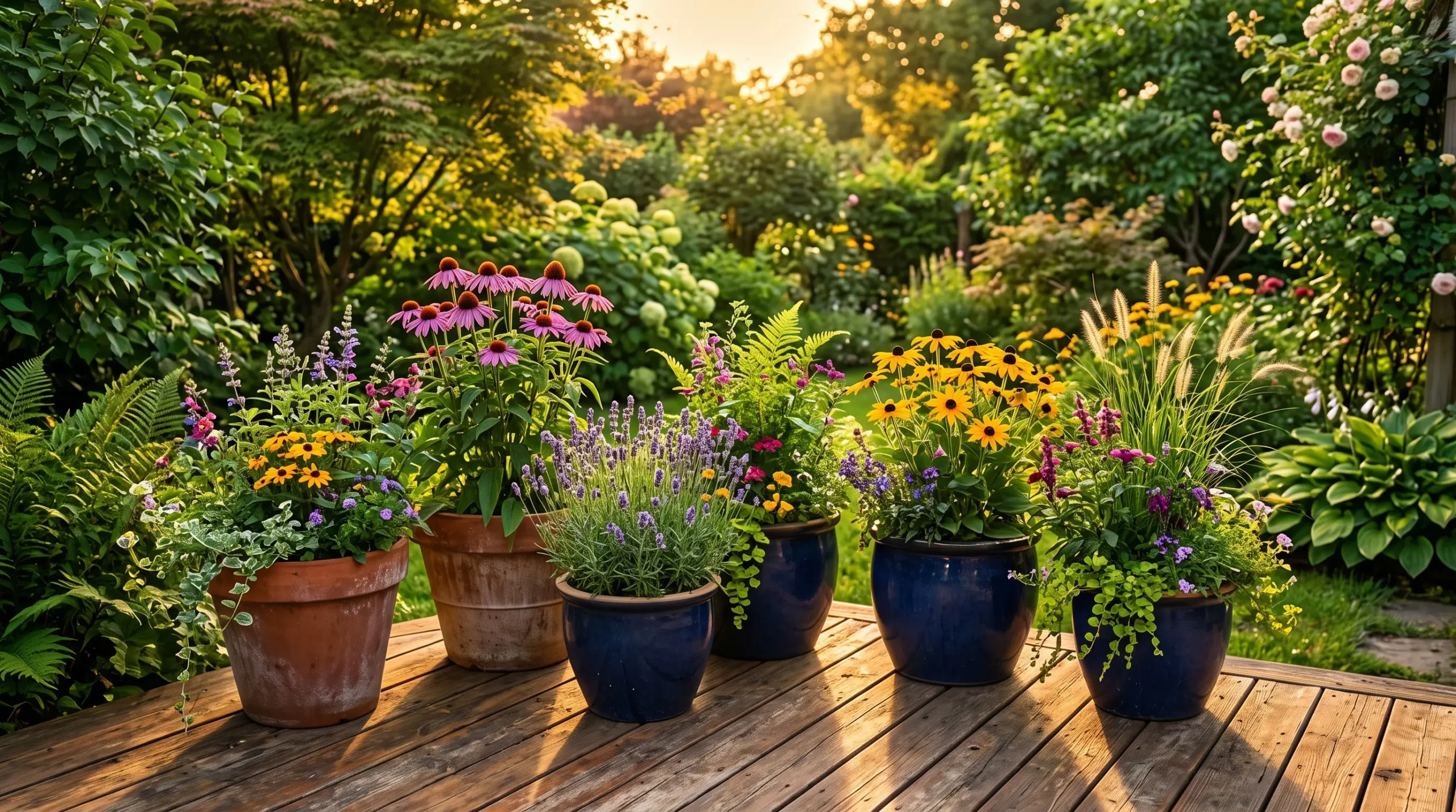 Colorful full sun perennials growing in mixed terracotta and ceramic containers on a sun-drenched wooden patio deck