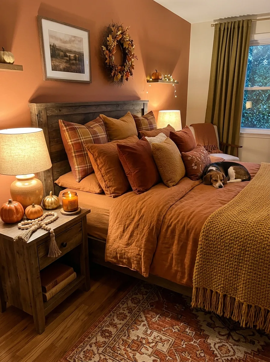 Full warm tone fall bedroom look with cinnamon orange duvet, mustard knit throw, rust and gold pillows, ceramic pumpkins, and bead garland on nightstand