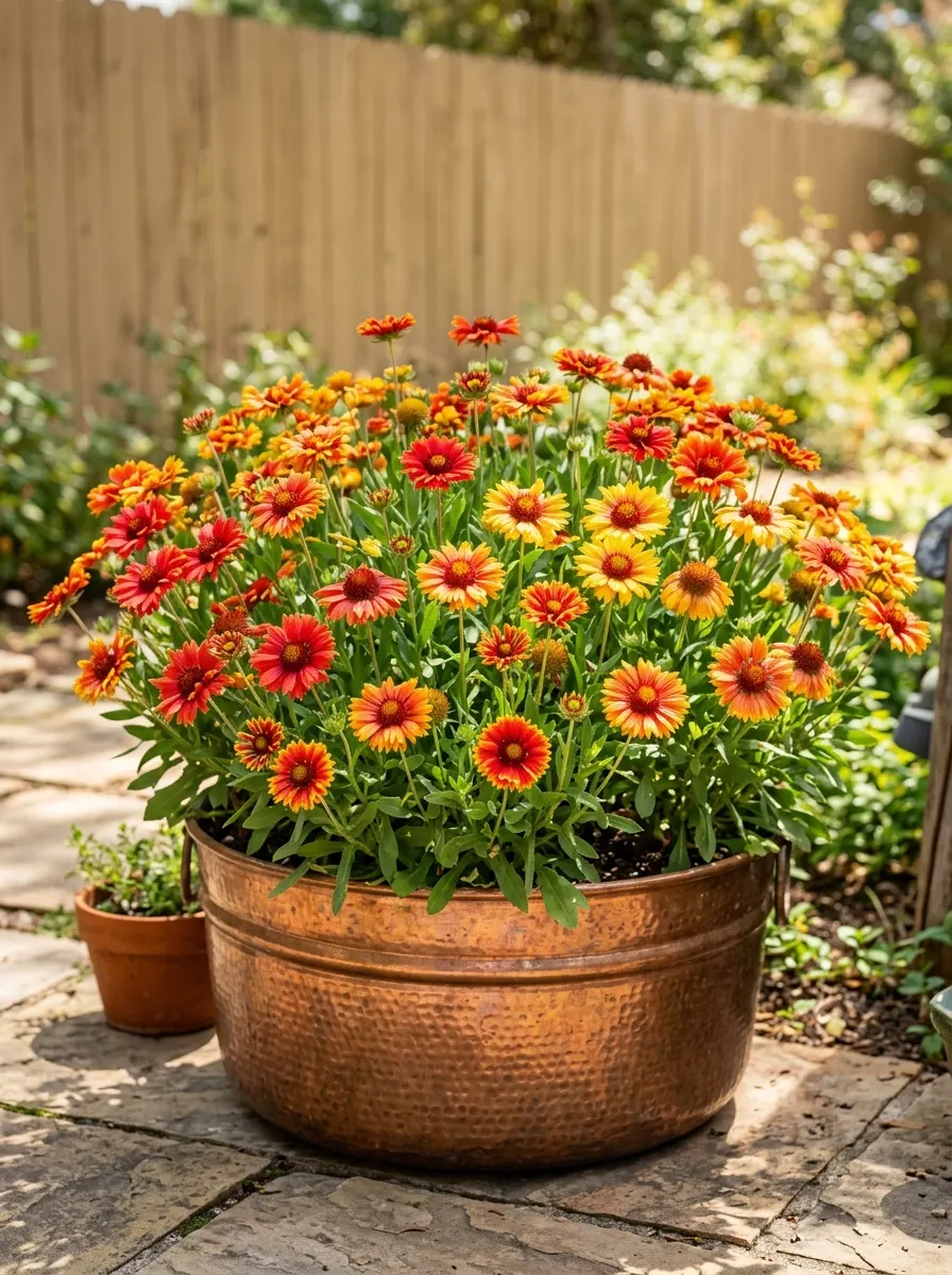 17 Full Sun Perennials for Low-Maintenance Container Gardens That Thrive With Minimal Care 9 Fiery orange red and yellow gaillardia blanket flowers blooming in a wide copper-toned metal planter on a sunny patio