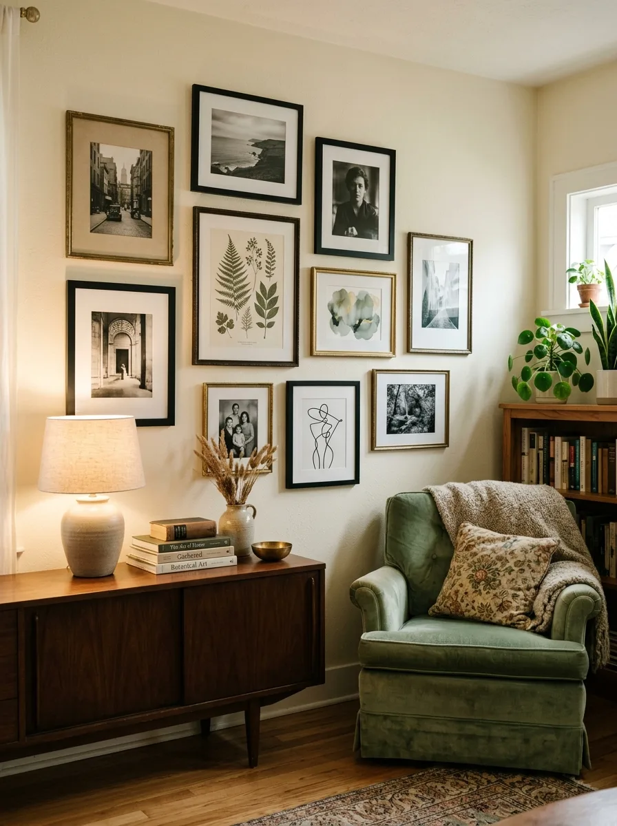 Curated gallery wall cluster with mixed frames and prints as stylish living room wall decor above a sage armchair