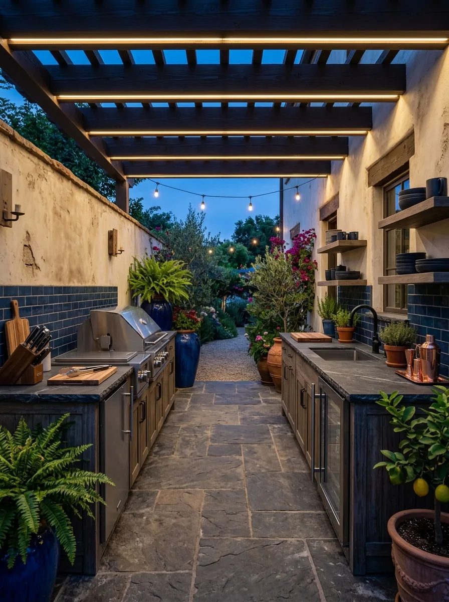 Galley outdoor kitchen with dark slate countertops on two sides, recessed lighting, midnight blue tile accents, ceramic pot plants on covered patio