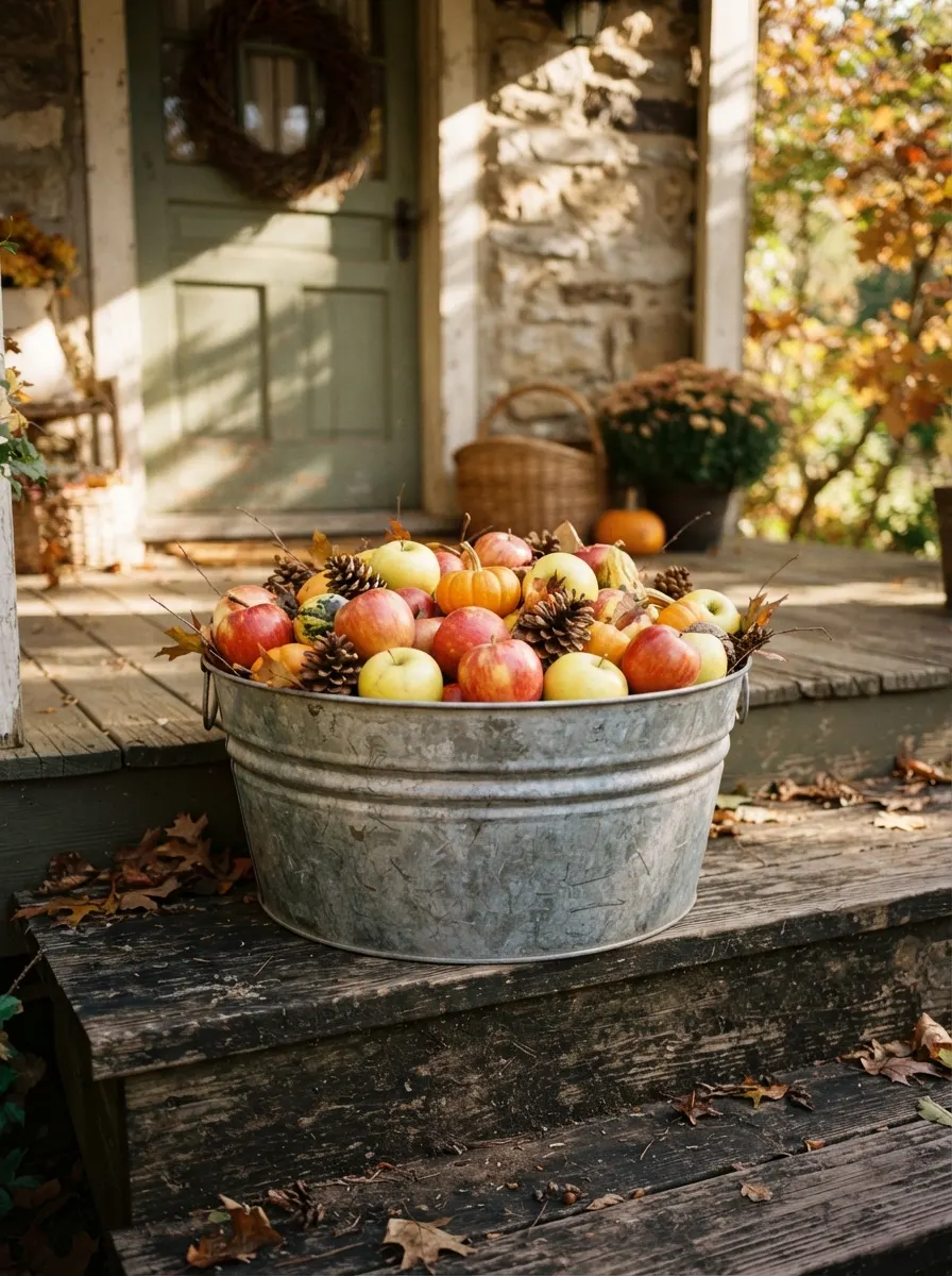 Round galvanized metal tub filled with red apples, small pumpkins, and pine cones as small porch fall decor on a farmhouse step