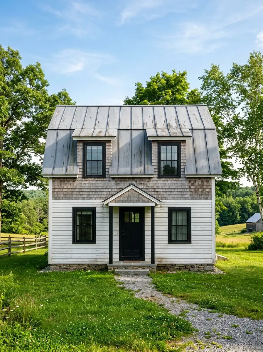 19 Stunning Small Barndominium Exterior Ideas That Prove Simple Barn House Designs Can Make a Big Impact 13 Small barndominium exterior with gambrel roof in weathered gray metal, white siding, cedar dormers, and a classic symmetrical black front door entry
